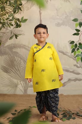 Boy Elephant Dhoti Kurta Set - Yellow-0-3 Months