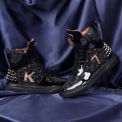 Customized "K7" Initial Black and Golden Swarovski Crystal Zardosi Patent Leather Sneakers with Golden Stud by Brune & Bareskin-40/6