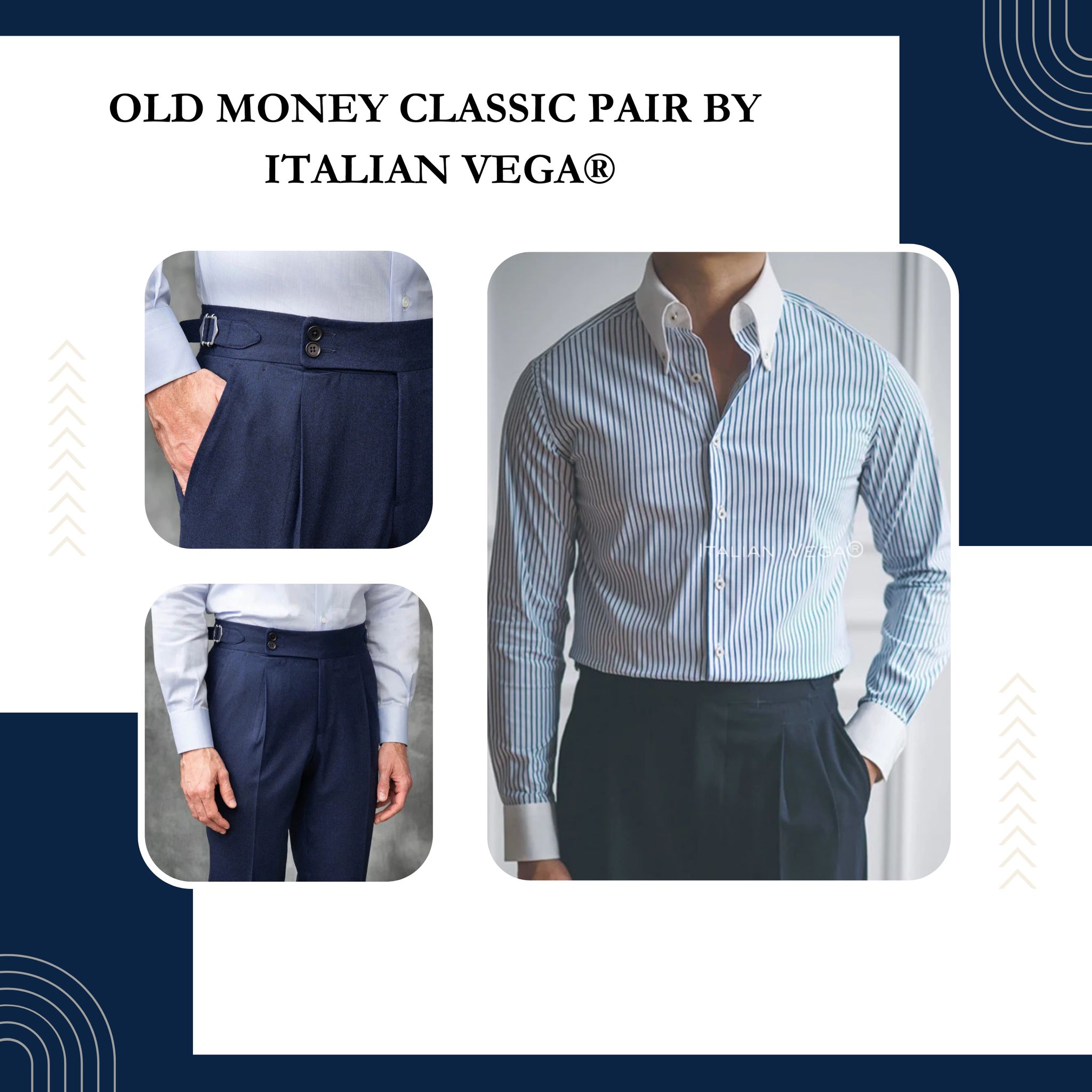 Old Money Classic Stripe Shirt with Navy Blue Signature Buttoned Gurkha Pant by ITALIAN VEGA®-M / 28