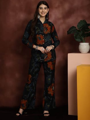 Navy Blue Motif Printed Premium Chanderi Shirt With Trousers Co-ord Set-s