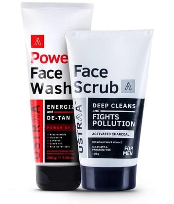 Ustraa Power Face Wash Energize and De-Tan - 200g & Activated Charcoal Face Scrub - 100g