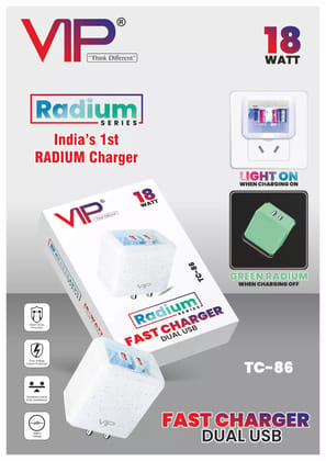 VIP TC -86 RADIUM CHARGER  DUAL USB CHARGER  18 WATT with Micro pin 1mtr Data cable, Warranty 1 Year