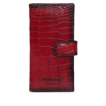 Wine Long Deep Cut Leather Wallet with magnetic strap Metal Logo By Brune & Bareskin-FS