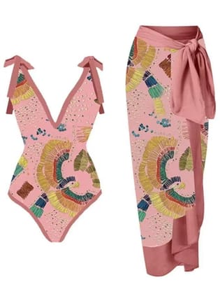 Printed Swimsuit & Skirt Swimsuit Set-Pink / M