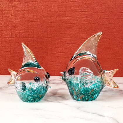 Aqua Symphony Handblown Glass Showpiece - Set of 2-Big - LENGTH - 7 INCHES & WIDTH - 5 INCHES & HEIGHT - 7 INCHES / Small - LENGTH - 6 INCHES & WIDTH - 4 INCHES & HEIGHT - 6 INCHES / Glass