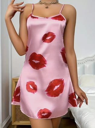 Baby Pink Lip Printed Contrast Binding Cami Night Dress-One piece / S