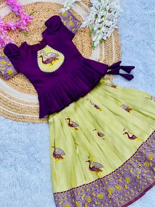 Fiesta Weaving Work Art Silk Lahenga Choli-Lemon Yellow / 1 Year