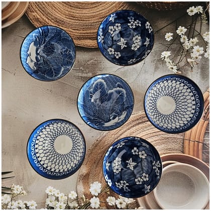 Ceramic - 6 Bowls - Gift Set - Japanese Blue Floral - Rice, Salad, Soup, Fruit Bowl 103