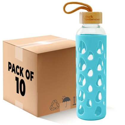 The Better Home Borosilicate Glass Water Bottle 550ml, Non-Slip Silicone Sleeve, Bamboo Lid, Light Blue, Pack of 10.-The Better Home Borosilicate Glass Water Bottle 550ml with Non-Slip Silicone S