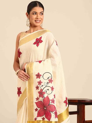 Kalyan Silks Golden Lines & Maroon Flower Printed Set Saree