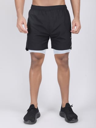 MEN'S CUT & SEW RUNNING 2IN1 SUPPORTING SHORTS WITH SWIMWEAR TIGHTY INNER-Black / S