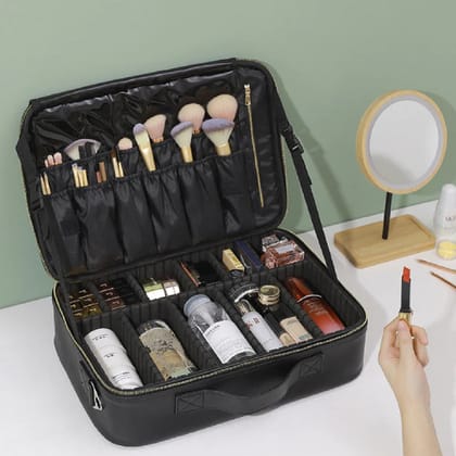 Makeup Storage Case with Adjustable Compartment-Black