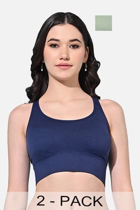 FIMS Fashion Women Polyester & Elastane Removable Padded Sports Bra Pack of 2 Blue Green-Blue Green / S