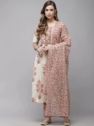 Off White Block Print Dupatta Set-34