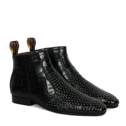 Stitched Black High Ankle Zipper Boots Metal Fleck Deep Cut Leather By Brune & Bareskin-40/6