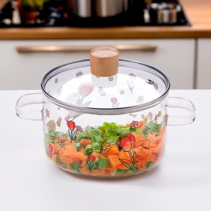 UMAI Borosilicate Glass Cookware 1.45L Saucepan with Lid, Handle, Microwave & Electric Safe, Cooktop for Tea, Milk, Pasta, Noodles, Rice, Flower Print-UMAI Borosilicate Glass Cookware (1.45L) Sau