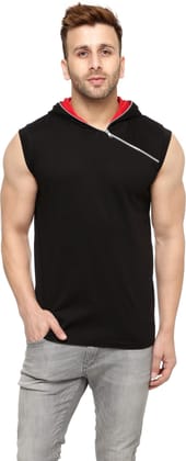Gritstones Stylish Black/Red Cotton Hooded Solid T-Shirt