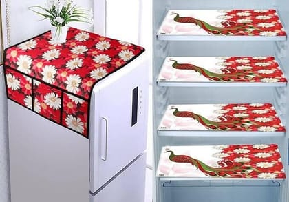 WISHLAND Double Door Fridge Cover Combo Set of 1 Fridge Top Cover And 4 Multipurpose Fridge Mats (Red)