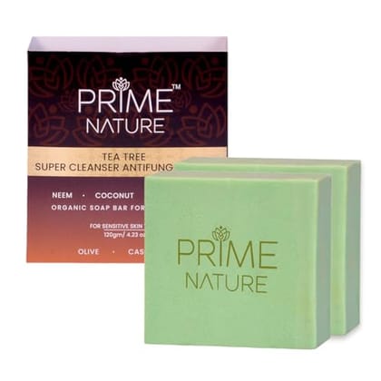 Prime Nature Tea Tree Oil Soap for Body Acne 240g | Super Cleanser Acne Soap for Oily Skin, Face and Body, Made With Castor Oil, Shea Butter, Almond Oil, Goat Milk, Neem, Coconut and Rosemary (120 g Pack of 2)