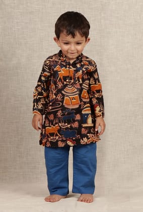 Set Of 2: Milan Black Kalamkari Printed Cotton Kurta & Blue Pyjama-0-3M