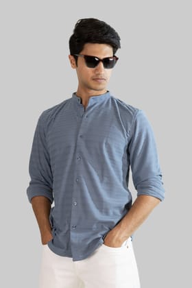 Weave Line Mandarin Collar Shirt - Sky Blue-S