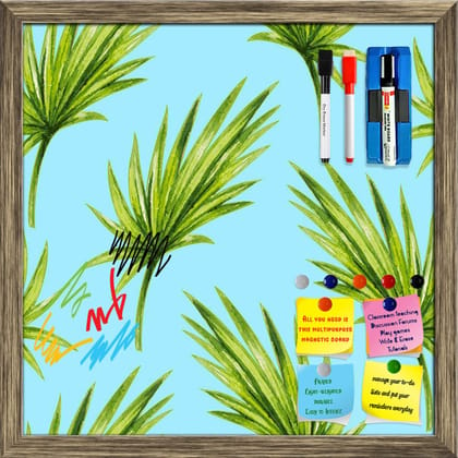 Watercolor Tropical Palm Leaves Pattern D1 Framed Magnetic Dry Erase Board | Combo with Magnet Buttons & Markers-Magnetic Board; Antique Gold Frame / 12 x 12 inch (30 x 30 cms)