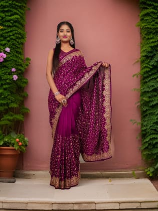 Designer Saree with Kundan & Embroidery Work by Shreekama-Wine / Free Size