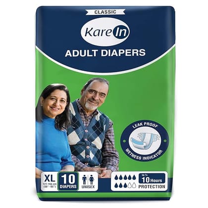 KareIn Classic Adult Diapers, Extra Large (XL), Waist Size 127-165 Cm (50"-65"), 10 Count, Tape Style, Unisex, High Absorbency, Leak Proof, Wetness Indicator