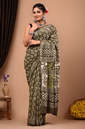 JAIPUR HANDBLOCK PRINT Exclusive collection of Bagru and Dabu handblock printed pure Cotton Mulmul Sarees with blouse piece.
