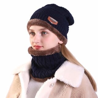 NEW  Ultra Soft Unisex Woolen Beanie Cap Plus Muffler Scarf Set for Men Women Girl Boy - Warm, Snow Proof - NEVY BLUE