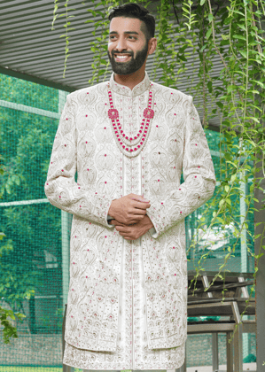 Off White Embroidered Sherwani-Floral