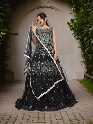 Net Fabric Gown with Mirror & Pearls by Shreekama-Black / Free Size