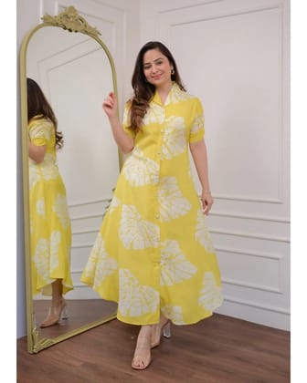 Premium floral yellow cotton gown-M