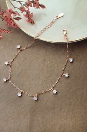 Sparkling Solitaire Charms Rose Gold Plated Sterling Silver Chain Bracelet-Rose / 6.5 inches adjustable upto 7.5 inches