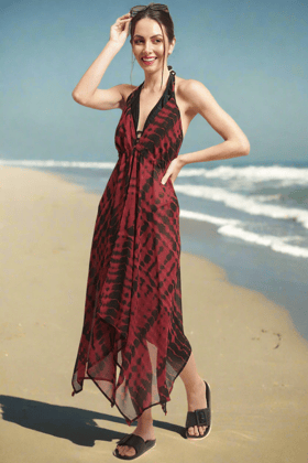 Maroon Color Tie and Dye Printed Georgette Coverup Beachwear For Woman-s