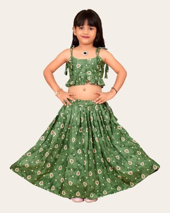 Kid Girl's Readymade Bandhani Print Designer Blouse With Lehenga Set-Green / 2 Years-3 Years