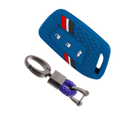 Keyzone striped silicone key cover & keychain for MG Hector 3 button smart key (KZS-24, Alloy Keychain)-Blue