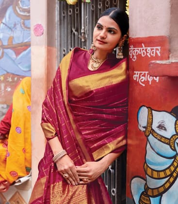 Crimson Handloom Kanchipuram Silk Saree With Zari Checks & Buttas-Crimson