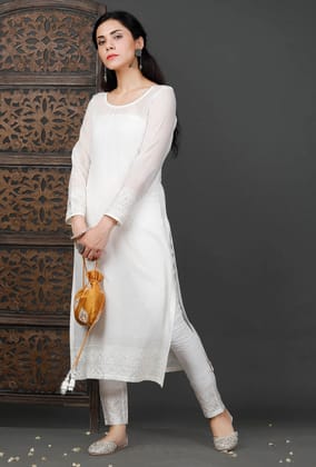 Embroidered White Cotton Kurta-XS