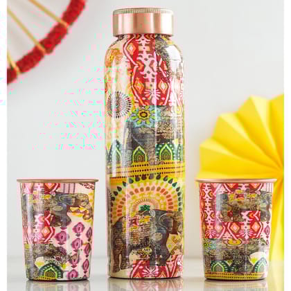 Indian Art Villa, Pure Copper Bottle Rajasthani Meena "Padharo Mhare Desh" Printed theme, Glass Gif Set