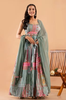 Printed Classic Strap Maxi With Hadwork Belt and Dupatta-M-38