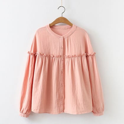 Pure Cotton Ruffle Shirt Top-PEACH / S