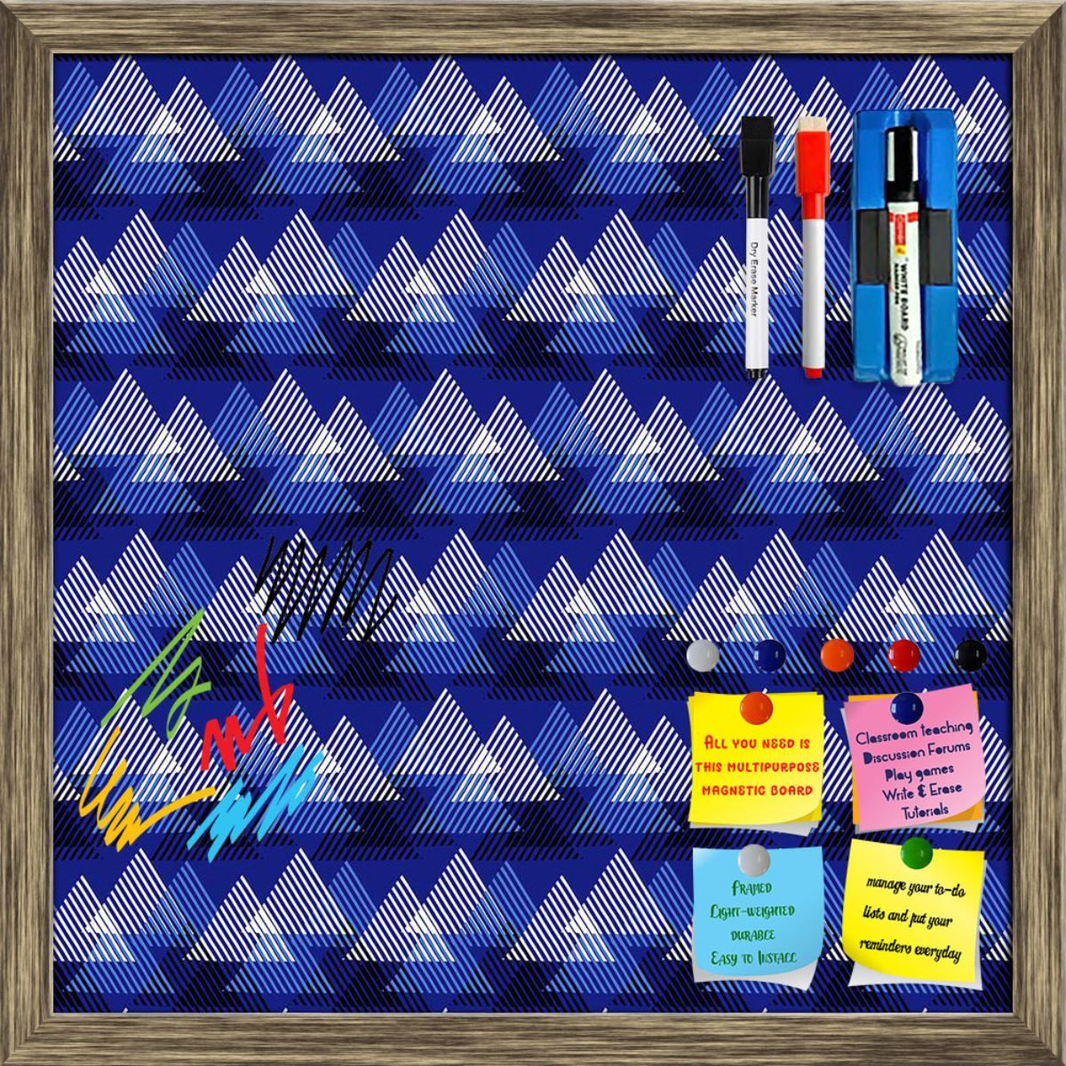 Geometric 3D Triangles Pattern D5 Framed Magnetic Dry Erase Board | Combo with Magnet Buttons & Markers-Magnetic Board; Antique Gold Frame / 12 x 12 inch (30 x 30 cms)