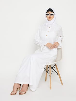 Rayon Bell Sleeves White Abaya Burqa For Women with Black Georgette Hijab-XS / 54