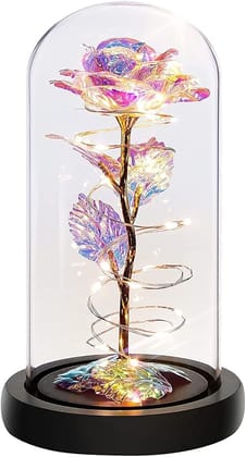 KATHIYAWADI Rose Flower Gifts for Women, Birthday Gifts for Women, Colorful Rainbow Artificial Flower Rose Light Up Rose in Acrylic Dome, Women Gifts, Valentines, Anniversary, Wedding Gifts