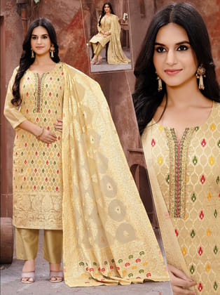 Woman Straight Suit Set with Pant-Dupatta-Gold / L