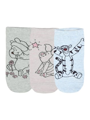 Balenzia x Disney Winnie the Pooh Lowcut socks for Women-Pooh, Piglet, Tiger (Pack of 3 Pairs/1U)(Free Size) Silver, Pink, Blue-Stretchable from 19 cm to 30 cm / 3 N