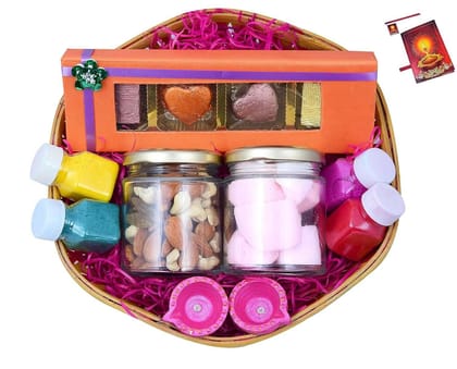 MANTOUSS Diwali Gift Pack/Chocolate Sweets Gift Box for Diwali-Basket+Chocolate Box+Mix Dry Fruits in a Glass jar+Marshmallow in a Glass jar++2 Cute Diya+4 Rangoli Colours+Diwali Greeting Card