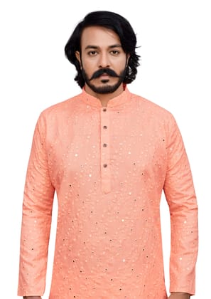 Men's embroidered cotton kurta Mirror worked (Only Kurta)-Peach / S