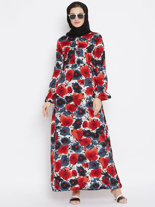 Nabia Women Red & Black Floral Printed Crepe Abaya Dress With Georgette Scarf-XS / 54